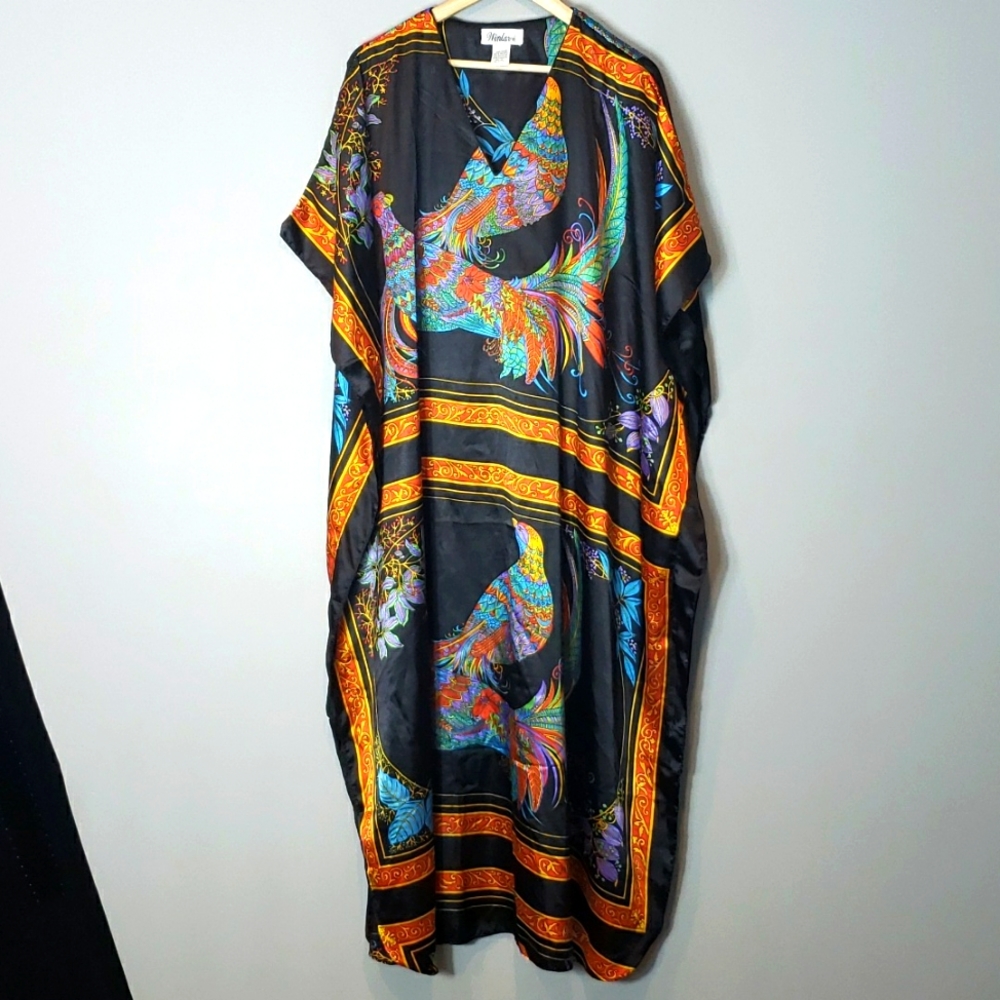 Winlar‎ Kaftan Satin Peacock Print Resort Luxury